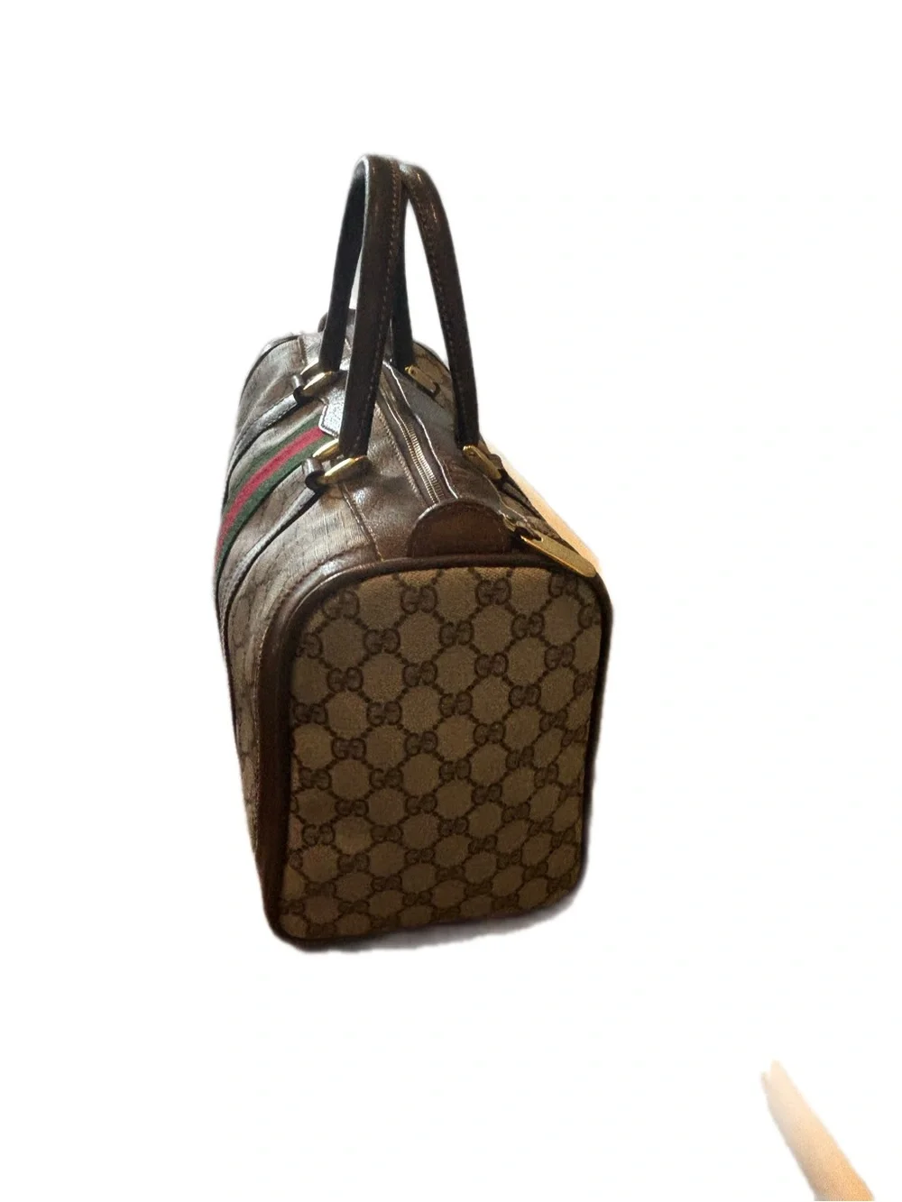 Gucci Brown GG Supreme Satchel with Green & Red Web Stripe